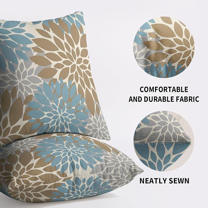 Light Brown Blue Pillow Covers 20X20 Inch Set of 2, Spring Summer Floral Dahlia Flower Cream Decorative Throw Pillow Covers Outdoor Modern Farmhouse Cushion Case for Home Couch Sofa Bed Decor