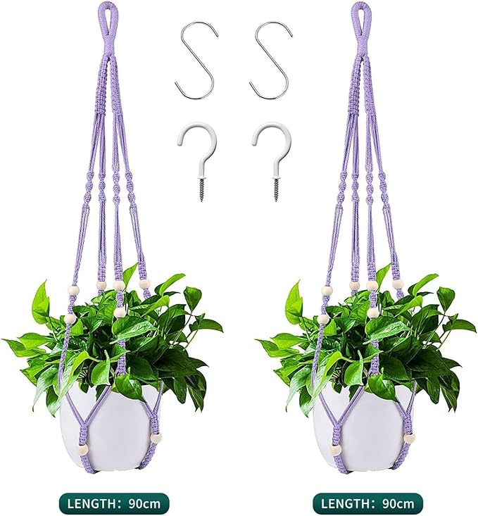 Plant Hanger for 5 to 10 Inch Plant Pots, Set of 2 Indoor Handmade 35 Inch Woven Rope Hanger Kits with Hooks and Wood Beads, Hanging Planter Basket Holder for Boho Home Decor
