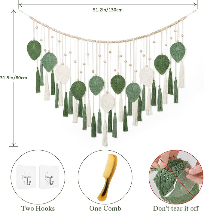 Betylifoy Large Macrame Wall Hanging Boho Handmade Woven Tapestry with Wood Beads Beige Green Chic Leaf Feather Boho Wall Art Decor Macrame Tapestry Wall Decor for Bedroom Living Room Nursery Apartment 51.2"W X 31.5"L