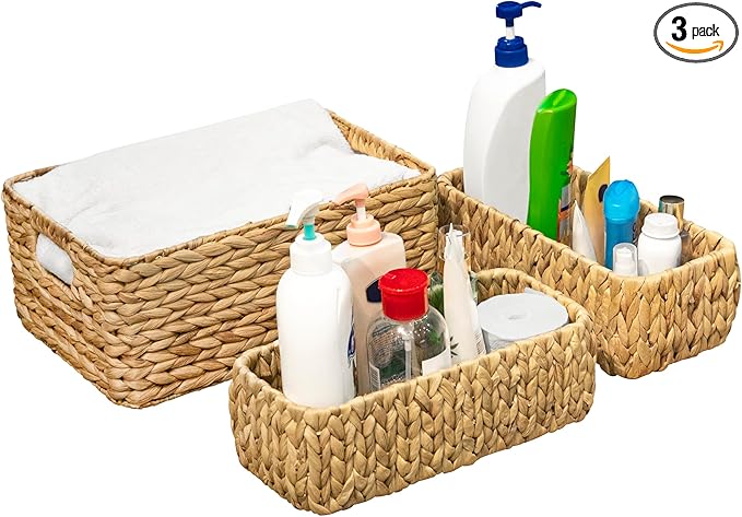 HOMESTEAD Water Hyacinth Storage Baskets, Long Narrow Rectangular Wicker Baskets for Bedroom, Living Room, Bathroom, Shelves - Set of 3