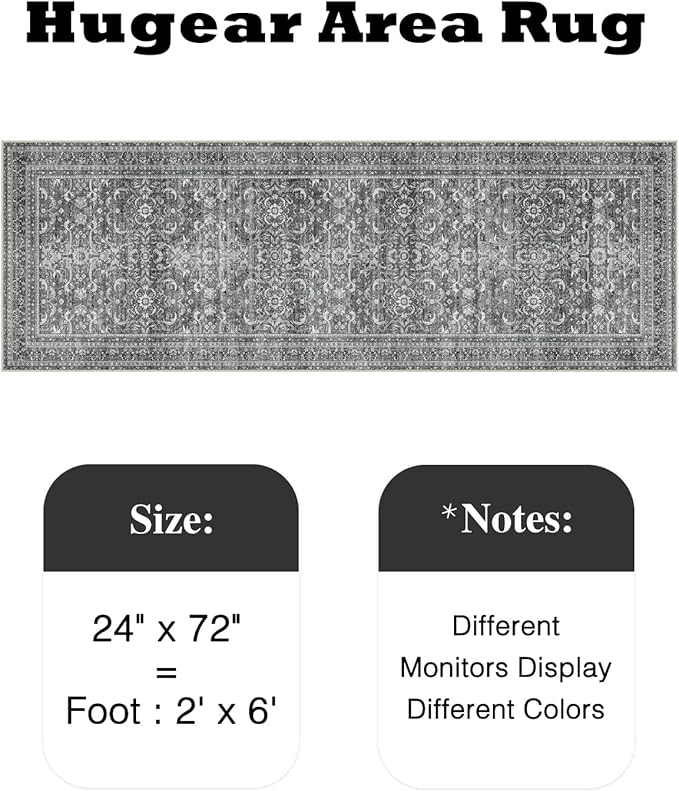 HUGEAR 2x6 Runner Rug Hallway Vintage Grey Machine Washable Retro Floral Low Pile Carpet Vacuumable Distressed Long Throw Rug Bedroom Office Bathroom Kitchen Laundry Non Slip Soft Lightweight