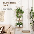 Bamworld Plant Wall Shelf Boho Plant Stand Window Plant Shelf 3 Tier Macrame Plant Hangers Boho Room Decor Hanging Shelf for Bedroom, Living Room, Balcony