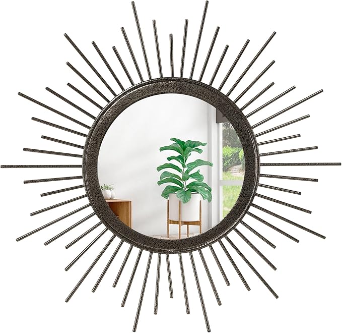 Large Spoked Sunburst Wall Mirror Boho Home Decor Round Wall Art Mirror Modern Metal Mirrors for Wall Living Room Vanity Bathroom Bedroom Hallway Balcony Entryway 16"