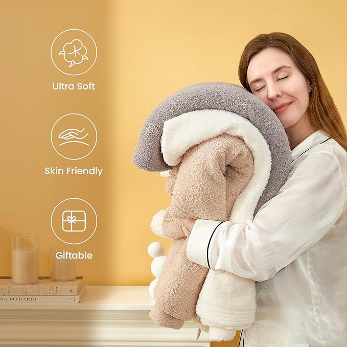 Snuggle Sac Cream Throw Blanket for Couch Bed Sofa 60x80 inches, Reversible Cream Blanket Microfiber Fluffy Fuzzy Cozy Knit Twin Blanket for Women Mothers Birthday Gifts
