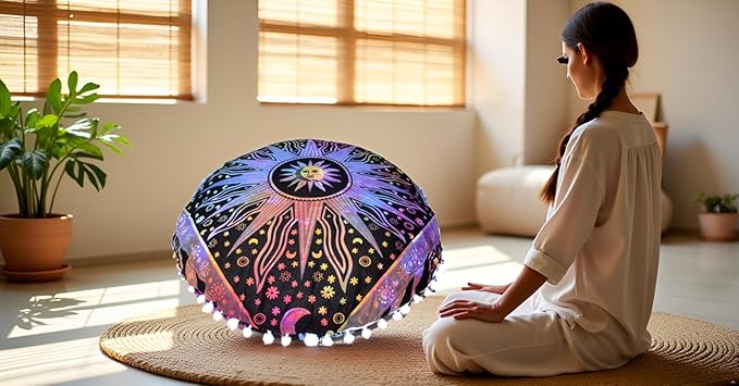 CRAFT KALA Large Round Bohemian Floor Pillow Pouf Cover Mandala Meditation Room Pillow Cover for Adults Boho Seating Poufs Cushion Cover for Kids Playroom 32" Round Multi Purple Burning Sun