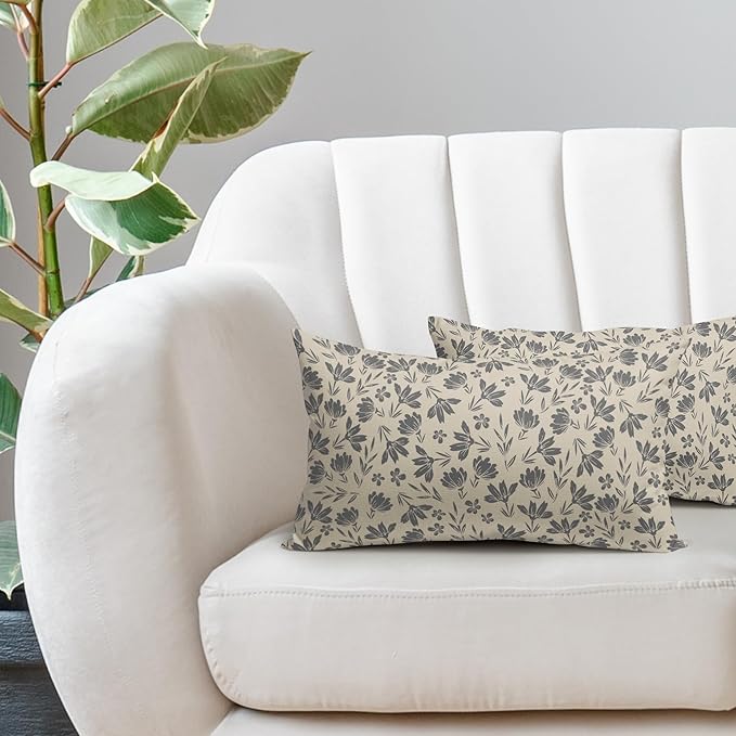 Grey Floral Pillow Covers 12x20 Set of 2 Vintage Rustic Old Style Cute Small Flower Gray Cream Print Rectangle Decorative Outdoor Pillowcases Fall Farmhouse Throw Cushion Case Couch Sofa Bed Decor