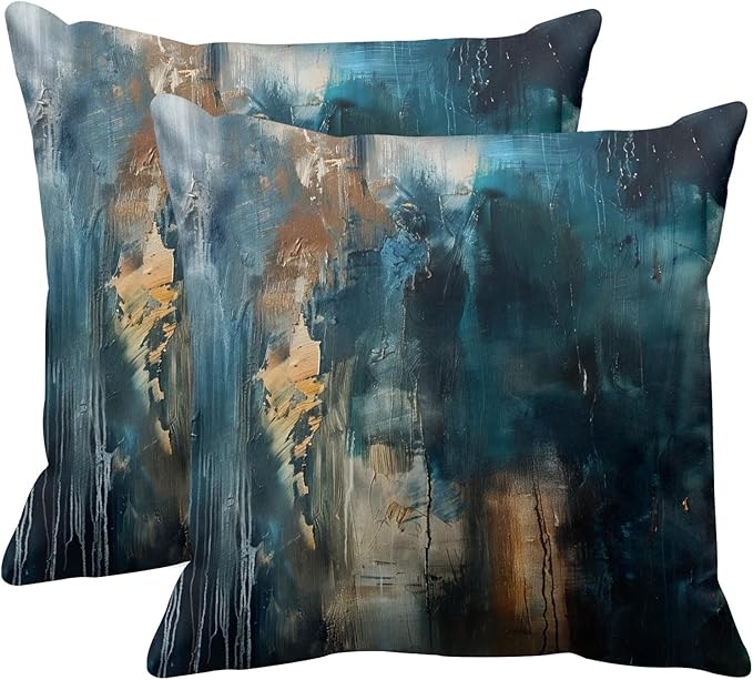Britimes Throw Pillow Covers Modern Home Art Decor, 18 x 18 Inches Set of 2 Pillow Cases Decorative, Abstract Oil Painting Pillowcases for Bedroom, Living Room, Cushion Couch Sofa, Teal Black