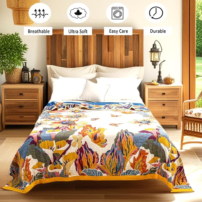 Boho Large Throw Blanket for Bed Couch, 100% Organic Cotton Soft Queen Throw-Floral Butterfly Decor Fall Blanket for Sofa Quilt and Gift, 80" x 90"-Beige