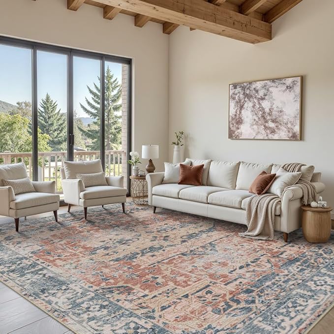 8x10 Area Rugs for Living Room Bedroom, Large Washable Rug, Coral Vintage Retro Boho Rug, Non Slip & Low Pile Faux Wool Thin Carpet for Indoor Dining Room, Kids Room(Coral Blue 8x10ft)
