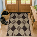 3x4 Easy Jute Diamond Entryway Rug - Plaid Rug for Patio Kitchen Bedroom Home Office, Woven Low Pile Washable Beige Black Geometric Front Door Décor