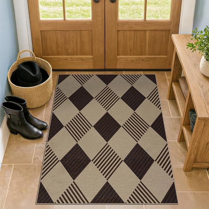 3x4 Easy Jute Diamond Entryway Rug - Plaid Rug for Patio Kitchen Bedroom Home Office, Woven Low Pile Washable Beige Black Geometric Front Door Décor