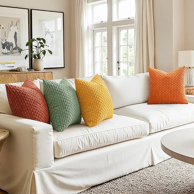 MIULEE Burnt Orange Decorative Throw Pillow Covers for Couch Modern Striped Cushion Covers Soft Corduroy Pillowcase Home Decor for Bed Sofa Living Room 20x20 Inch Set of 4 Yellow Orange
