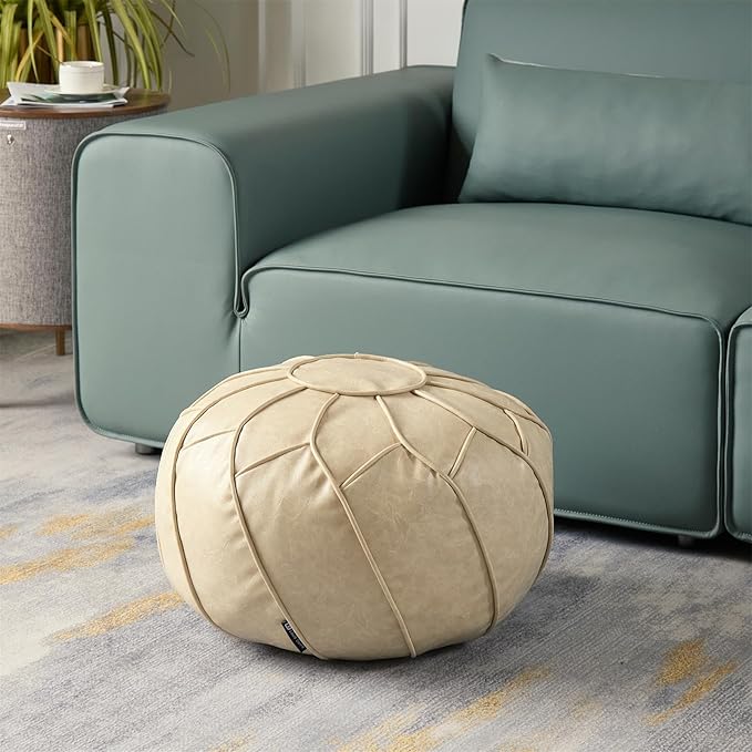 Louis Donné Unstuffed Pouf Ottoman Cover, Round Handmade Waterproof Faux Leather Foot Stool Ottoman, Storage Bean Bag Floor Chair, Footstool for Living Room Kids Room or Bedroom ONLY Cover(Off-White)