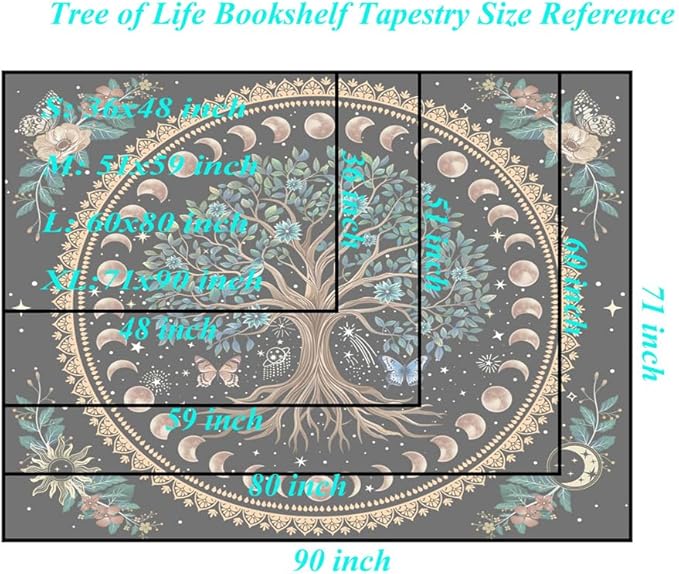 Jhdstore Moon Phase Tree of Life Tapestry Mandala Tapestry for Bedroom Aesthetic Celestial Decor Boho Spiritual Tapestries Wall Hanging Living Room Decor 36"x48"