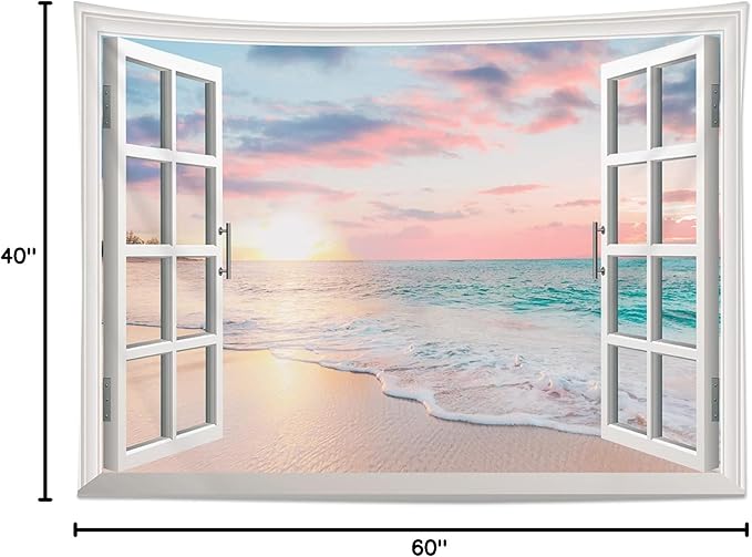 LB Ocean Tapestry Wall Hanging Sea Beach Sunset Wall Tapestry White Window Pink Sky Landscape Tapestries for Bedroom Living Room Dorm Home Wall Decor 60x40 Inches