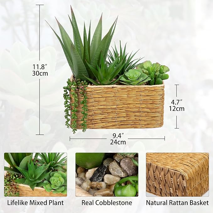 Hollyone Artificial Succulent Plant Arrangement Centerpiece Assorted Fake Agave Succulents in Rectangular Woven Basket 12" Faux Potted Succulents for Indoor Home Office Table Windowsill Shelf Decor