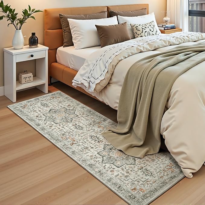 Lessymo Washable 2x6 Runner Rug for Hallway Entryway, Non Slip Kitchen Area Rugs Indoor Mat for Bedroom Bathroom Laundry Farmhouse, Soft Vintage Floor Carpet Stain Resistant Low Pile, Grey/Brown