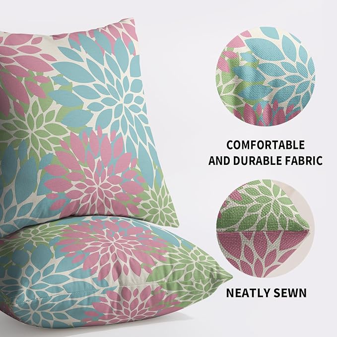 Blue Pink Green Spring Pillow Covers 22X22 Inch Set of 2, Modern Dahlia Floral Print Decorative Throw Pillow Covers Outdoor Farmhouse Cushion Case for Home Couch Sofa Bed Decoration