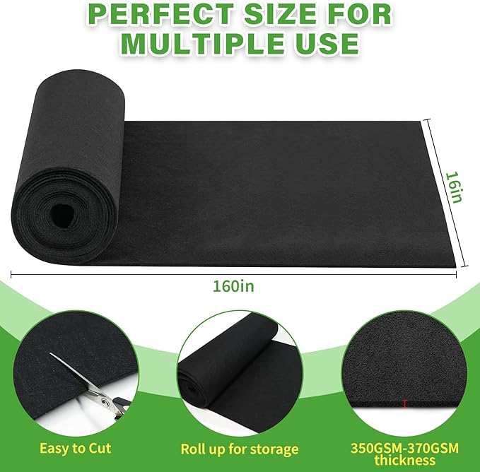 Riare 16x160 Inch Black Felt Planter Liner Roll- 2 Rolls Non-Woven Fabric Planter Liner for Outdoor Plants, Coco Liner Roll Alternative Basket Planter Liner for Planters Hanging Basket Window Box