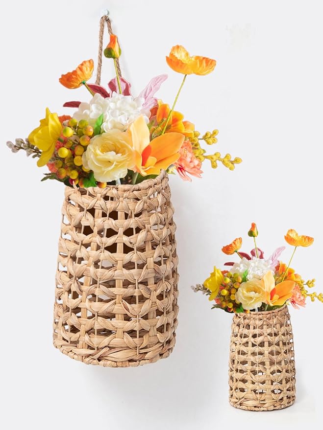 Woven Wall Hanging Basket, Handwoven Gourd Grass Wicker Wall Basket for Hanging Wall Basket & Door Basket, Boho Rustic Farmhouse Wall Decor, Decorative Tabletop Seagrass Basket
