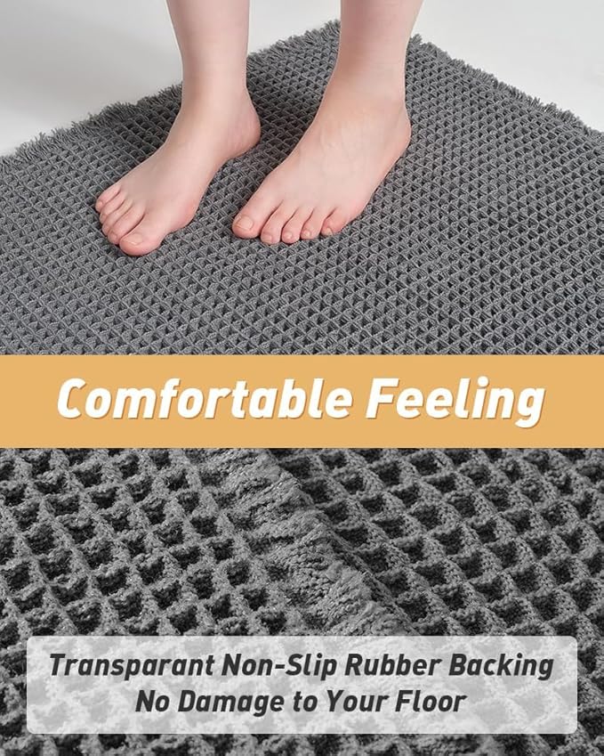 Upgraded Waffle Runner Rug, Super Absorbent Non Slip Bath Mats for Bathroom Floor, Washable Bathroom Runner Rug with Tassels, Ideal for Hallway Bedroom Laundry Room, Dark Grey, 2'x 5'(24" x 60")