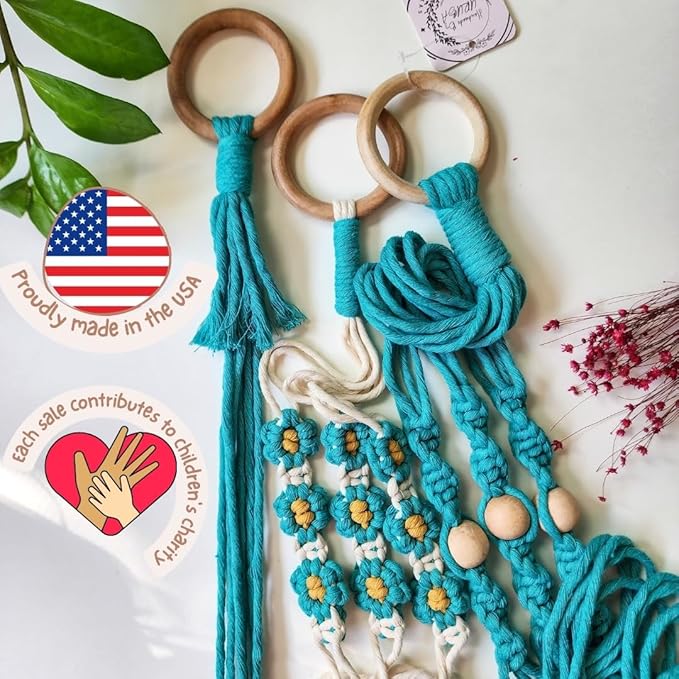 Set of 3 Macrame plant hangers with Daisies & Beads Hanging plant holder Macrame Plant hangers outdoor and indoor hanging planters Plant stand indoor Boho Decor hanging planter stand (Ocean Teal)