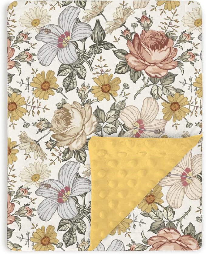 Boho Retro Floral Baby Blankets for Girls 30" x 40", Brown Flower Soft Double Layer Minky Blanket with Dotted Fleece Back, Nursery Bed Receiving Quilt for Newborn Infant Toddler Shower Gift