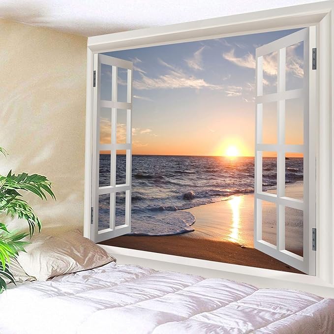Homiest 3D Ocean Tapestry Wall Hanging Sun Sunset Sea Beach Landscape Tapestry Window Tapestries for Bedroom Living Room Home Decor 51x59 Inches