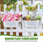 OBTANIM 4 Pack Metal Hanging Flower Pots Iron Railing Planter Outdoor Fence Hanging Pots Bucket Plant Holder with Detachable Hooks Drain Holes for Home Garden Yard Decor (Silvery)