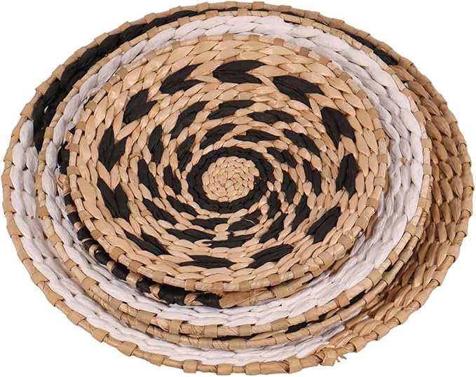 HJJWNDDNG 5 Pack Boho Wall Basket Decor Set, Hanging Woven Seagrass Rattan Wicker Boho Wall Decor, Round Farmhouse Wall Hanging Baskets Rustic Flat Wall Art for Living Room Bedroom Kitchen