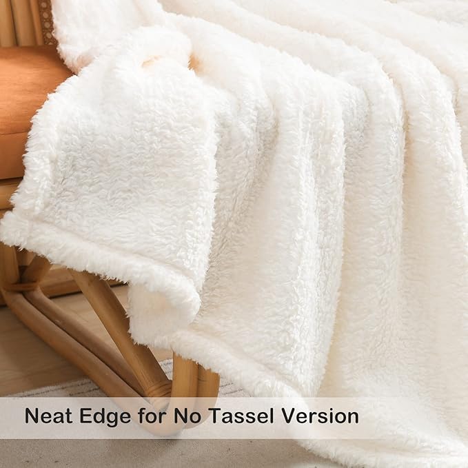 Ultra Soft Fleece Sherpa Blanket King Size, Lightweight Cozy Pattern Reversible Bed Blanket for All Season, Antique White, 104”x90”