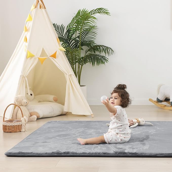 1.5" Thick Baby Play Mat for Floor, 39x59 Playpen Mat, Pro Soft Flannel Foam Mats Toddler Infant Kids Crawling for Nursery Rug Playroom Living Room Waterproof Easy Care Non-Slip (Dark Grey)