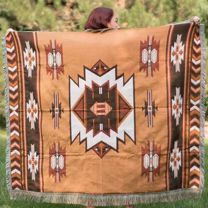 Aztec Throw Blanket Native American Blanket Southwestern Boho Decor Reversible Woven Tassels Mexican Blankets and Throws for Couch Bed Chair Wall Tapestry Livingroom Outdoor Beach Brown 51"x63"