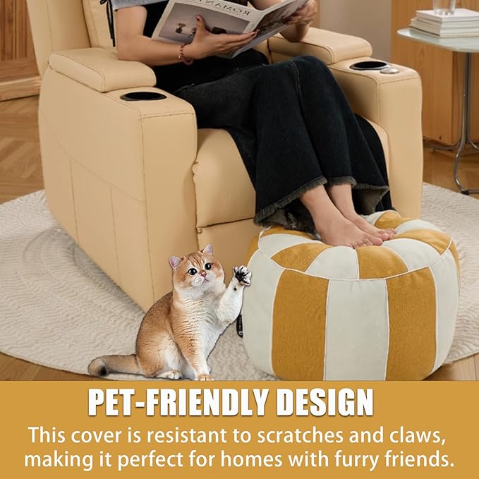 Louis Donné Unstuffed Moroccan Pouf Cover, Waterproof Tech Fabric Storage Ottoman, Round Footstool & Bean Bag Chair, Multi-Function Folding Foot Rest for Patio, Living Room & Bedroom (Yellow & White)