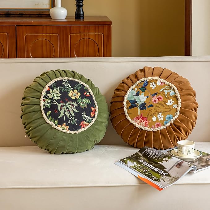 vctops Round Throw Pillow with Zipper Vintage Spring Floral Pillow Cushion Soft Velvet Pleated Throw Pillows for Couch Chair Bed Car (Orange,18")