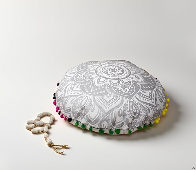 CRAFT KALA Large Round Bohemian Floor Pillow Pouf Cover Mandala Meditation Room Pillow Cover for Adults Boho Seating Poufs Cushion Cover for Kids Playroom 32" Round Silver Flower