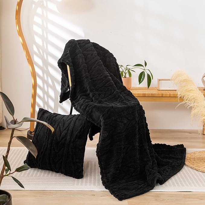 YUSOKI Sherpa Large Throw Blanket Single Layer,Light Weight(1.7lb),370GMS-3D Stylish Design for Gift Home Decor (Black,50"x65")