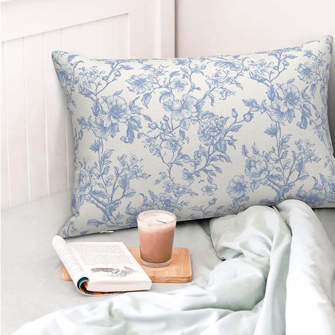 Baby Blue Pillow Covers 12x20 Inch Set of 2 Blue and Cream Floral Chinoiserie Throw Pillows Vintage Rustic Toile Flower Decorative Pillowcase Outdoor Lumbar Cushion Case for Couch Sofa Decor