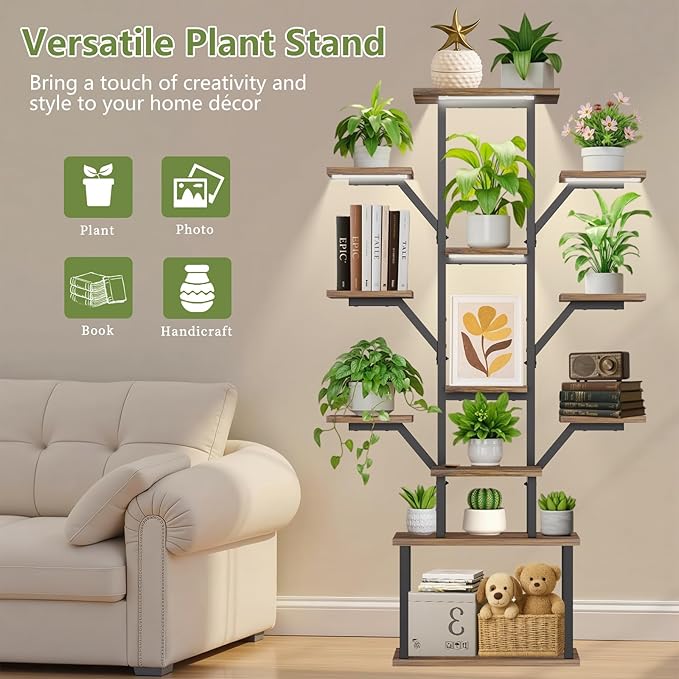 Plant Stand Indoor with Grow Lights - 12 Tiered Metal Plant Shelf with Drawer, 65" Large Plant Stand for Indoor Plants, Holds 16 Plant Pots, Flower Holder Plant Rack for Living room, Patio, Bedroom