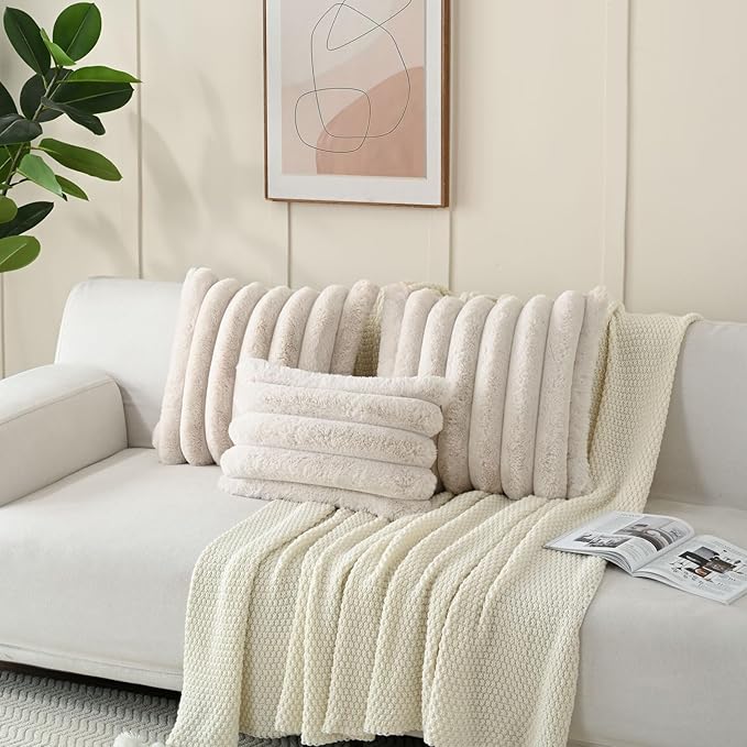 FUTEI Beige Decorative Throw Pillow Covers 26x26 Inch Set of 2, Square Soft Faux Rabbit Fur Thick Striped Euro Pillow Shams,Spring Home Decor for Couch Bed Living Room