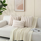 FUTEI Beige Decorative Throw Pillow Covers 20x20 Inch Set of 2, Square Soft Faux Rabbit Fur Thick Striped Cushion Cover,Spring Home Decor for Couch Bed Living Room