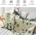 Snycler Boho Throw Blanket for Bed - 100% Cotton Ultra Soft Rustic Quilt Blanket Green Floral Bird Printed Farmhouse Decor Bed Blankets, 60"×80" All Season Rustic Throw for Sofa Chair Couch