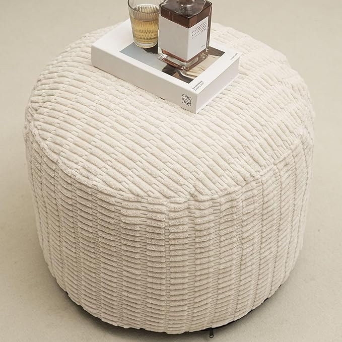 Round Stuffed Pouf Ottoman for Foot Rest, Storage Ottoman Pouf Foot Stool Cushion, Faux Fur Poufs with Foam Chunk Filling, 20 X 15 Inch Floor Chair for Living Room Bedroom Home Decor, Beige