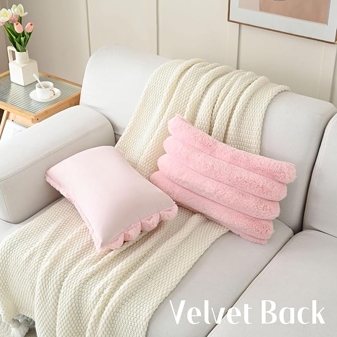 FUTEI Pink Decorative Throw Pillow Covers 12x20 Inch Set of 2, Square Soft Faux Rabbit Fur Thick Striped Lumbar Pillow Case,Spring Home Decor for Couch Bed Living Room