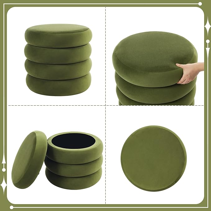Flouki 19.5" Storage Ottoman Round, Vanity Stools for Bedroom, Velvet Pouf Ottoman with Removable Lid, Modern Ottomam Stool for Girls Women, Foot Stool for Living Room, Green