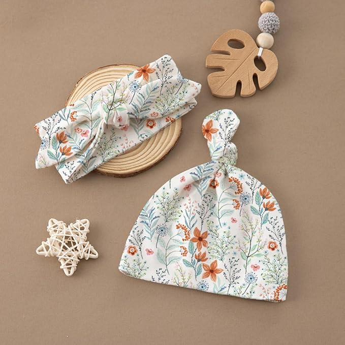 Newborn Swaddle Set with Matching Hat and Bow Set, Floral Baby Girl Newborn Receiving Blankets Baby Swaddle Nursery Wildflower Baby Blanket, Wooden Birth Announcement Card