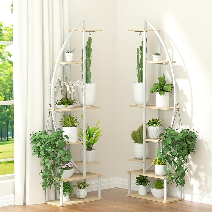 Plant Stand Shelf Rack Indoor with 6 Built in Grow Light, 7 Tiered 65" Tall White Large Lighted Half Moon Curved Plant Stand for Indoor Growing, 2 Pack Arch Sturdy High Herb Flower Shelving