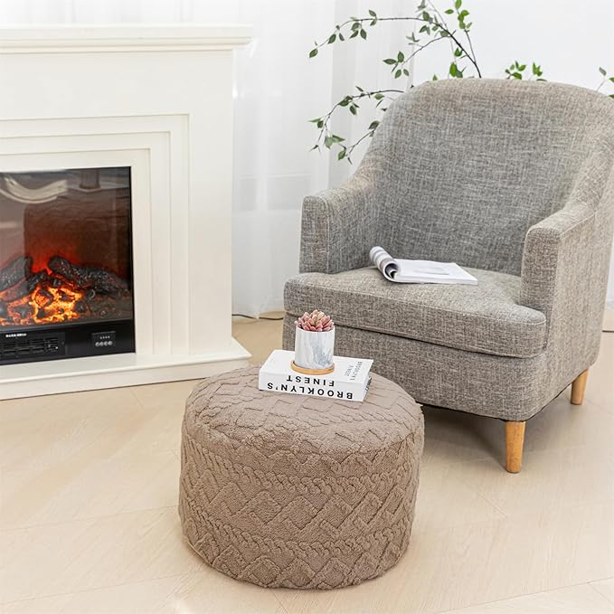 Round Ottoman Stuffed 20x12 Inches Floor Pouf Chair for Living Room Bedroom Modern Foam Pouf Ottoman Foot Rest for Couch Home Décor Pouffe (Light Coffee Pouf with Filler)