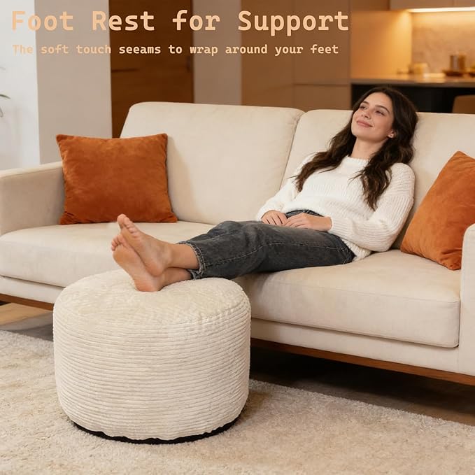 Oslimea Round Ottoman Foot Rest 20 x 15 Foot Stool Ottoman Pouf with Foam Chunk Filling for Living Room, Floor Poufs Foot Rest for Bedroom, Beige Corduroy