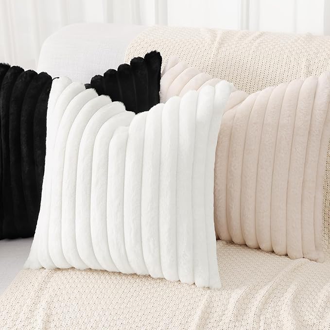decorUhome Summer Cozy Faux Fur Throw Pillow Covers 12x20 Set of 2 Decorative Soft Plush Striped Lumbar Modern Farmhouse Boho Couch Pillow Cases with Velvet Back for Sofa Bed Living Room, White